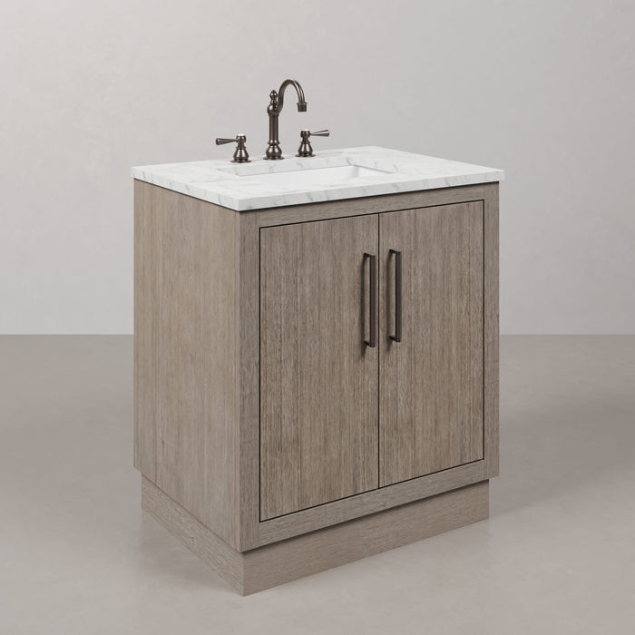 30" Grey Oak Juno Single Sink Bathroom Vanity with Carrara White Marble Countertop & Faucets