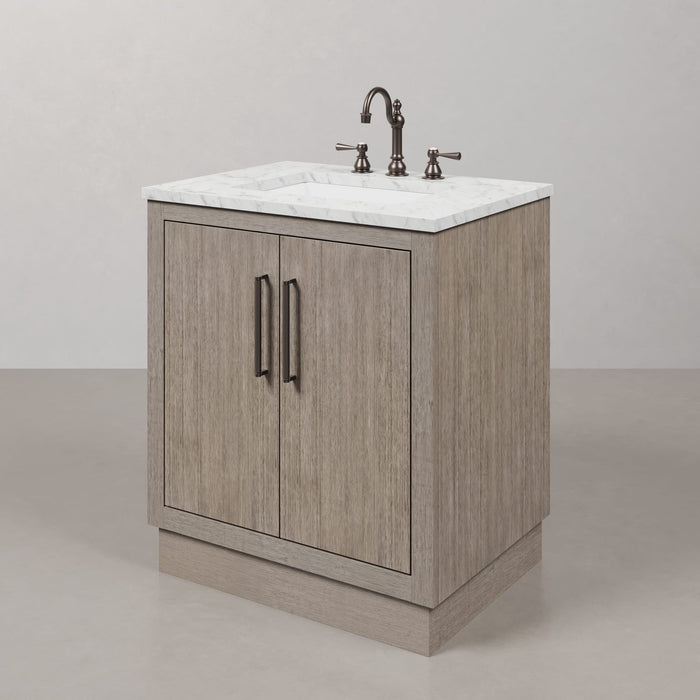 30" Grey Oak Juno Single Sink Bathroom Vanity with Carrara White Marble Countertop & Faucets