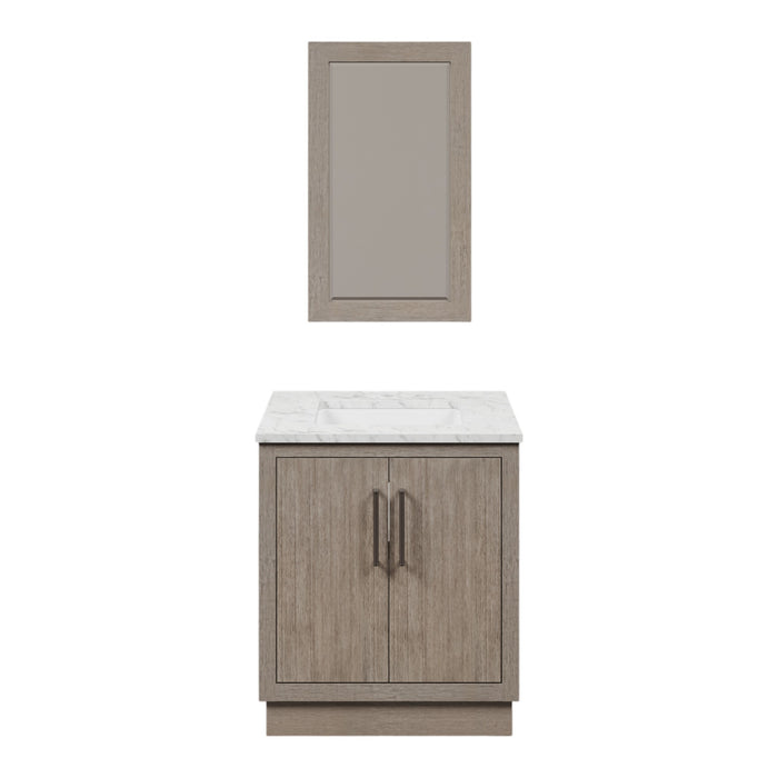 30 Inch Kalliope Single Sink Vanity in Grey Oak with Carrara White Marble Countertop & Mirror