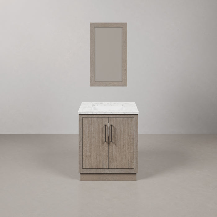 30 Inch Kalliope Single Sink Vanity in Grey Oak with Carrara White Marble Countertop & Mirror