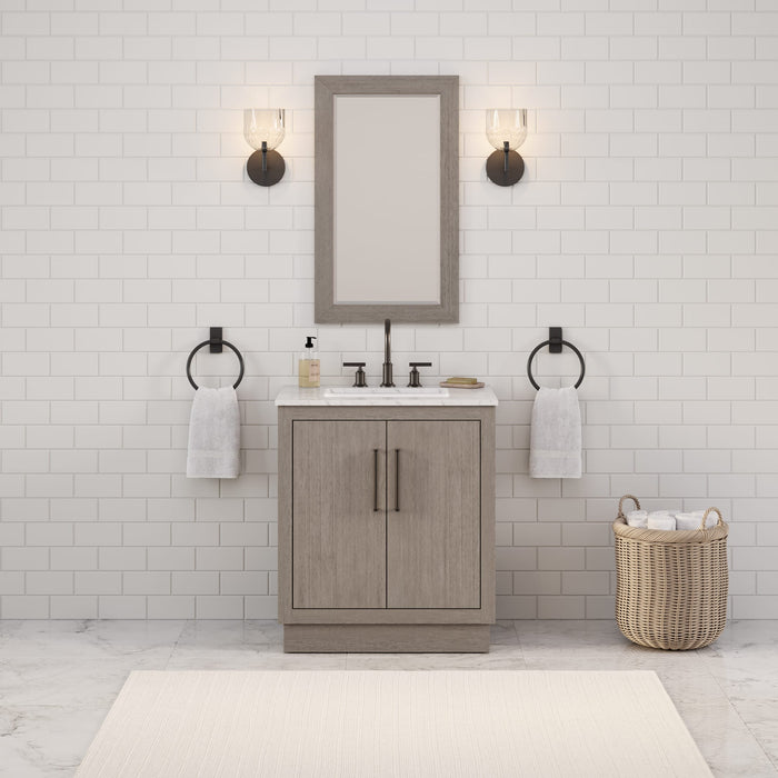 30 Inch Kalliope Single Sink Vanity in Grey Oak with Carrara White Marble Countertop & Mirror