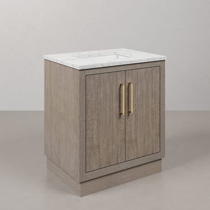 30 Inch Jacar Grey Oak Single Sink Bathroom Vanity with Carrara White Marble Top & Satin Gold Hardware & Rectangular Mirror