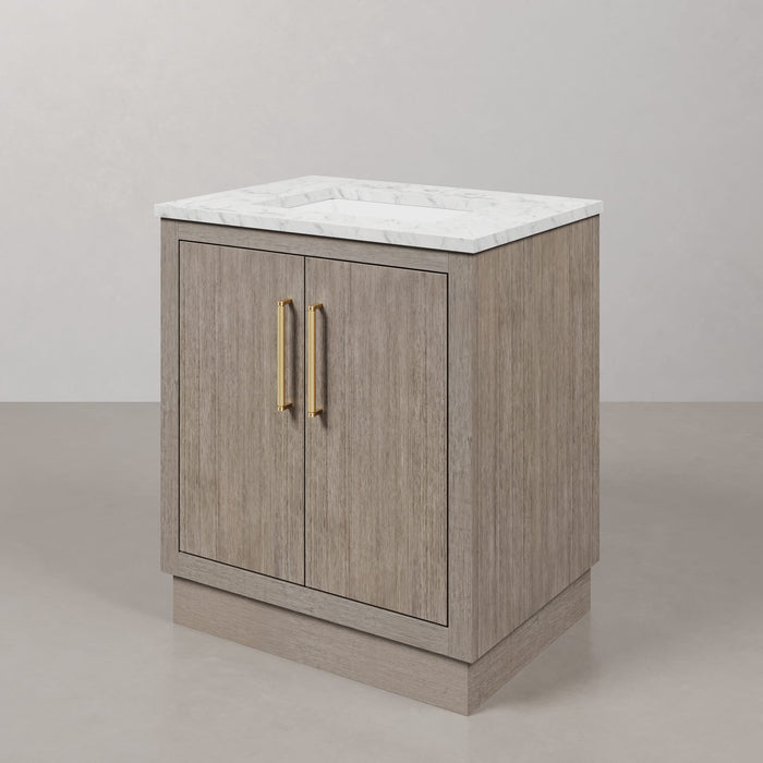 30 Inch Jacar Grey Oak Single Sink Bathroom Vanity with Carrara White Marble Top & Satin Gold Hardware & Rectangular Mirror