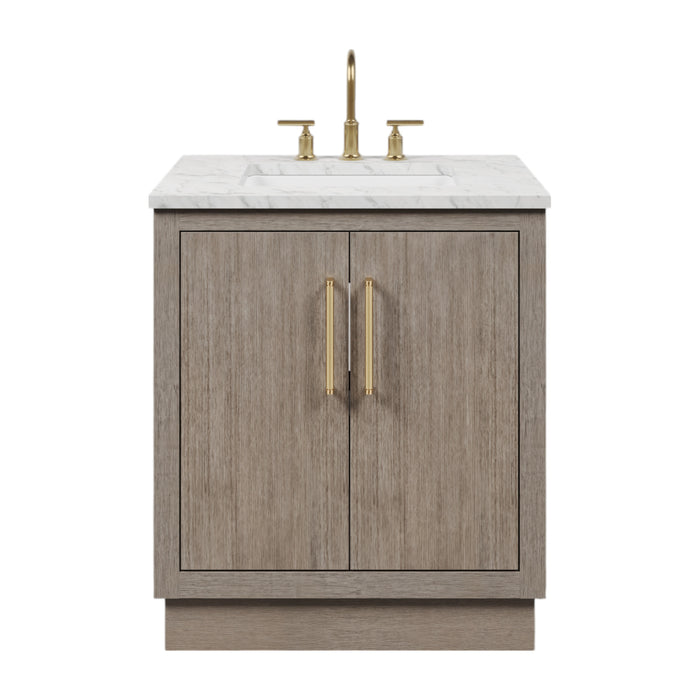 30 Inch Iridecence  Single Sink Vanity - Grey Oak Cabinet Carrara Marble Countertop Satin Gold Hardware