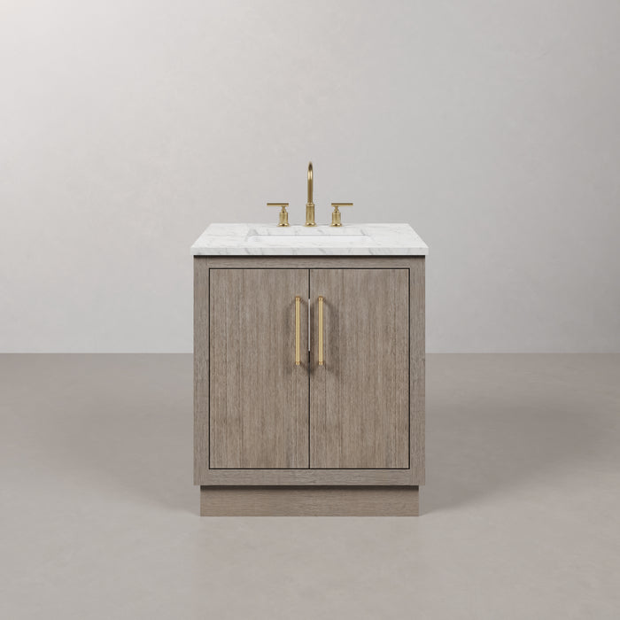 30 Inch Iridecence  Single Sink Vanity - Grey Oak Cabinet Carrara Marble Countertop Satin Gold Hardware