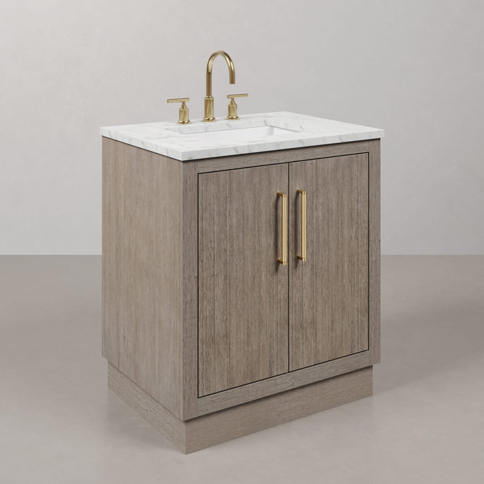 30 Inch Iridecence  Single Sink Vanity - Grey Oak Cabinet Carrara Marble Countertop Satin Gold Hardware
