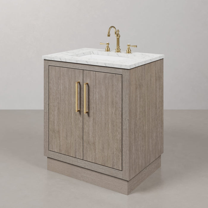 30 Inch Jettison Grey Oak Bathroom Vanity Set with Carrara White Marble Top, Satin Gold Hardware & Mirror