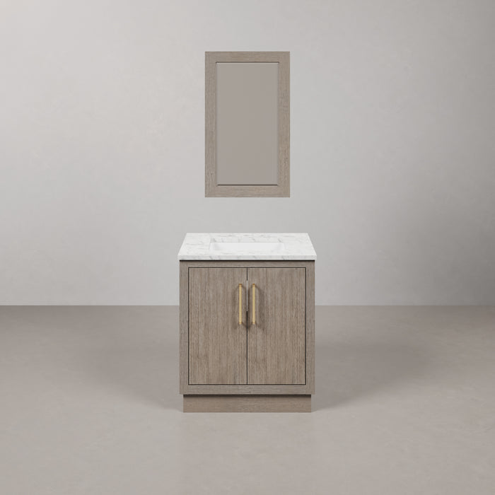 30 Inch Jacar Grey Oak Single Sink Bathroom Vanity with Carrara White Marble Top & Satin Gold Hardware & Rectangular Mirror