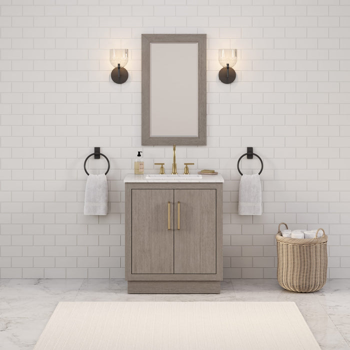 30 Inch Iridecence  Single Sink Vanity - Grey Oak Cabinet Carrara Marble Countertop Satin Gold Hardware