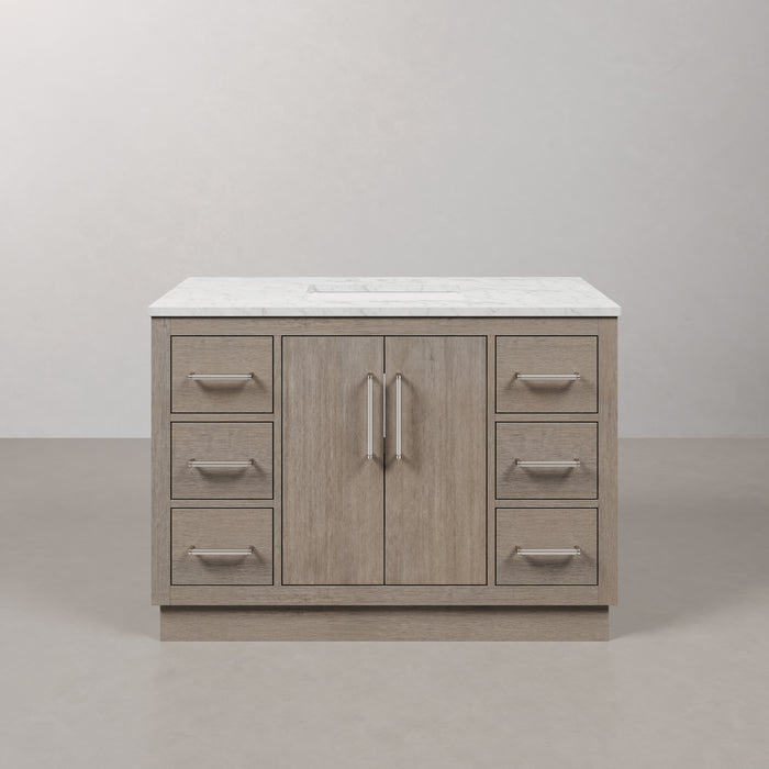 48" Grey Oak Kashi Bathroom Vanity - Carrara White Marble, Single Undermount Sink with Chrome Hardware