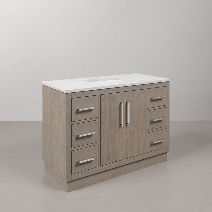 48-Inch Lagom Grey Oak Bathroom Vanity Set - Single Sink Carrara White Marble Top & Mirror