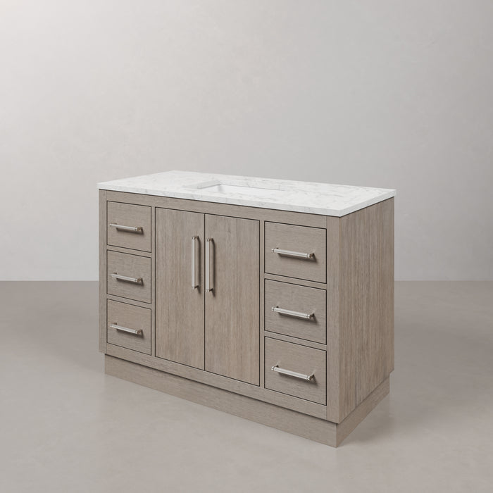 48-Inch Lagom Grey Oak Bathroom Vanity Set - Single Sink Carrara White Marble Top & Mirror