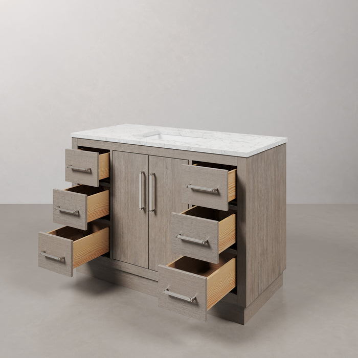 48-Inch Lagom Grey Oak Bathroom Vanity Set - Single Sink Carrara White Marble Top & Mirror