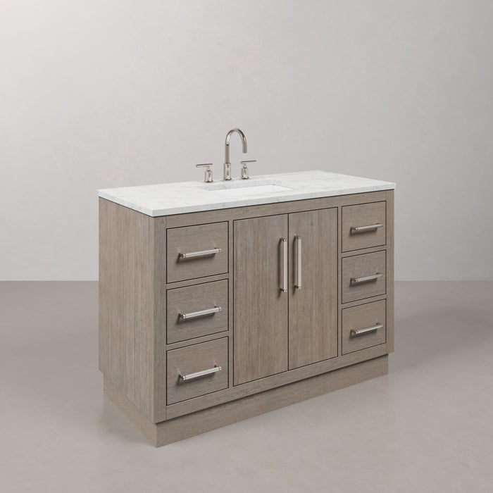 48 Inch Lavish Grey Oak Vanity Cabinet - Carrara White Marble Countertop with Chrome Hardware & Mirror