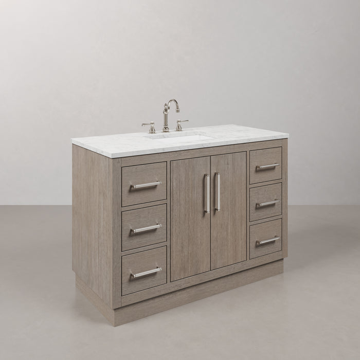 48" Ladera Grey Oak Single Sink Vanity with Carrara White Marble Countertop & Chrome Hardware