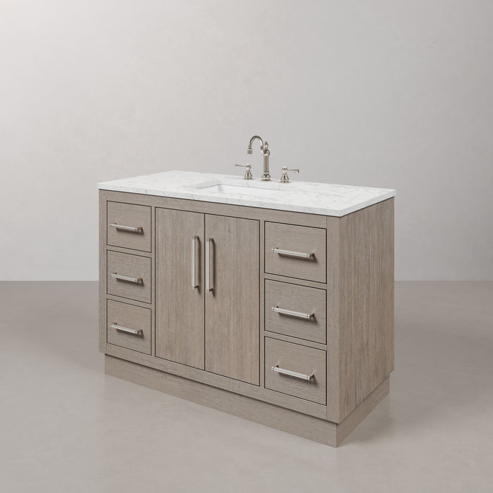 48" Grey Oak Latticework Single Sink Bathroom Vanity with Carrara White Marble Countertop with Chrome Hardware & Rectangular Mirror