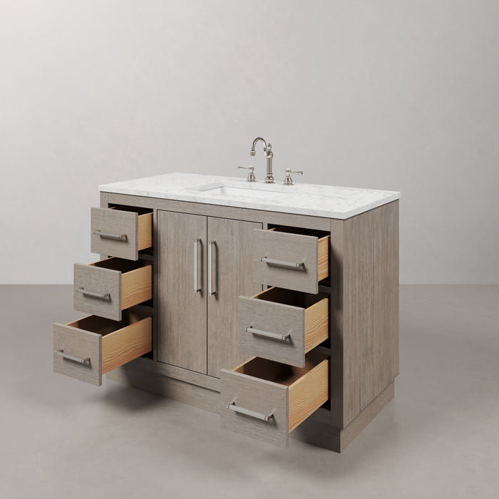 48" Ladera Grey Oak Single Sink Vanity with Carrara White Marble Countertop & Chrome Hardware