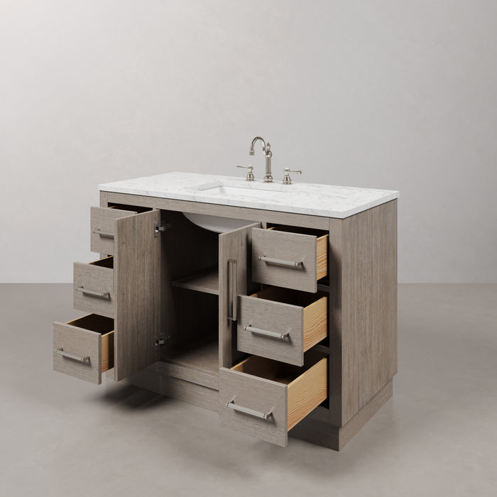 48" Ladera Grey Oak Single Sink Vanity with Carrara White Marble Countertop & Chrome Hardware