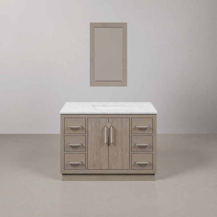 48-Inch Lagom Grey Oak Bathroom Vanity Set - Single Sink Carrara White Marble Top & Mirror