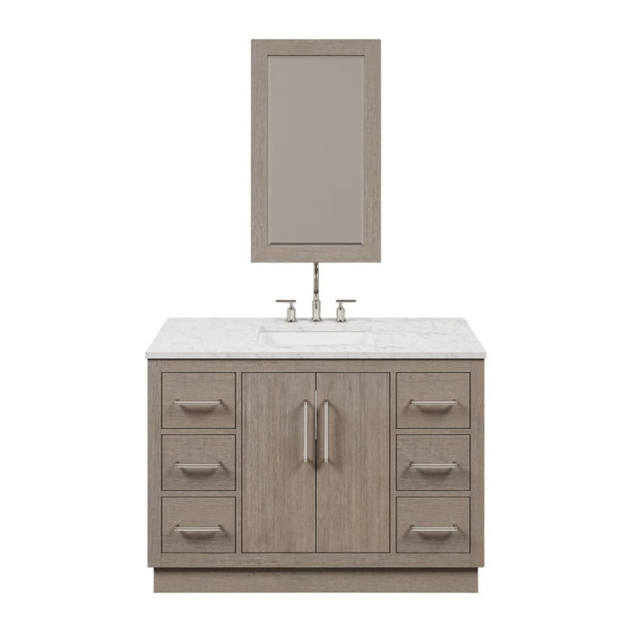 48 Inch Lavish Grey Oak Vanity Cabinet - Carrara White Marble Countertop with Chrome Hardware & Mirror