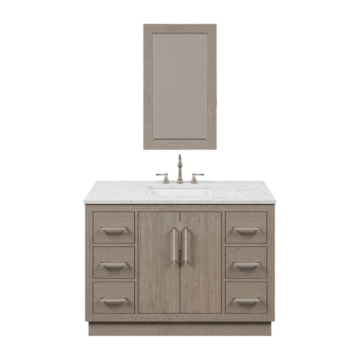 48" Grey Oak Latticework Single Sink Bathroom Vanity with Carrara White Marble Countertop with Chrome Hardware & Rectangular Mirror
