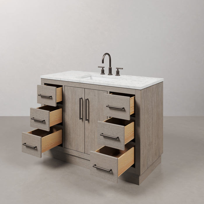 48 Inch Single Sink Lorette Vanity Grey Oak Mid-Century Modern Carrara Marble Top Pre-Drilled Faucet Holes and Faucets with Mirror Included