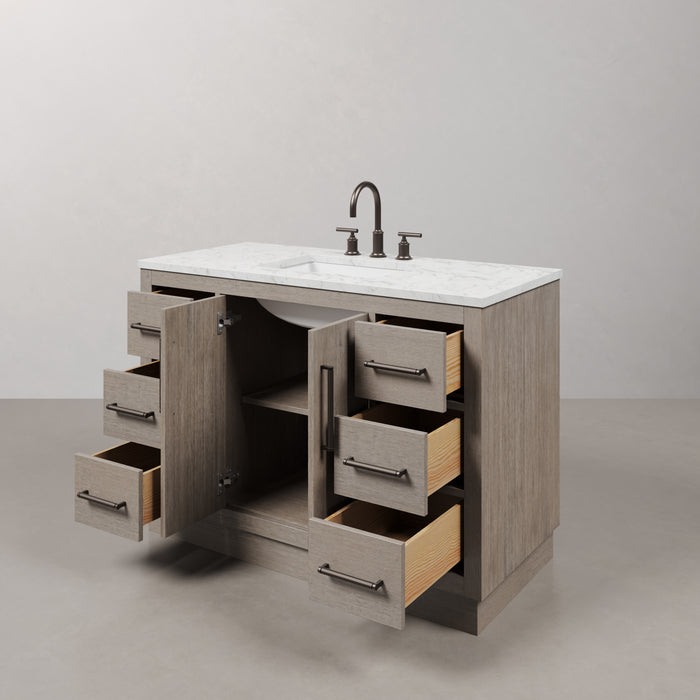 48 Inch Single Sink Lorette Vanity Grey Oak Mid-Century Modern Carrara Marble Top Pre-Drilled Faucet Holes and Faucets with Mirror Included