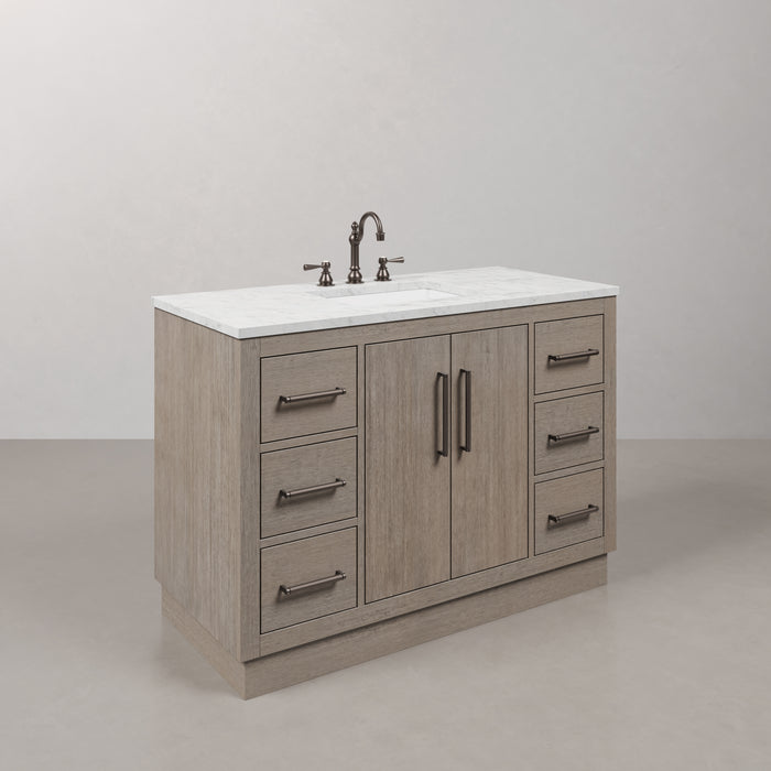 48-Inch Loxley Bathroom Vanity - Grey Oak with White Marble Countertop Single Sink & Faucets