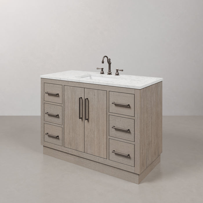 48-Inch Loxley Bathroom Vanity - Grey Oak with White Marble Countertop Single Sink & Faucets