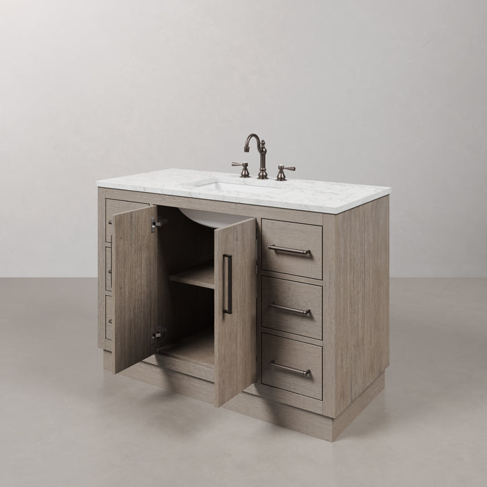 48 Inch Grey Oak Lumy Bathroom Vanity - Carrara White Marble Top Ceramic Sink with & Mirror