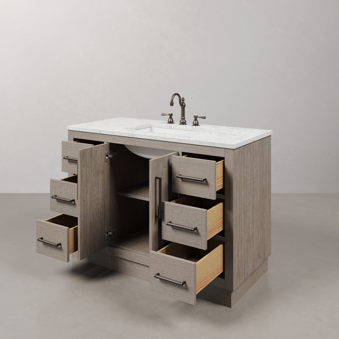 48-Inch Loxley Bathroom Vanity - Grey Oak with White Marble Countertop Single Sink & Faucets