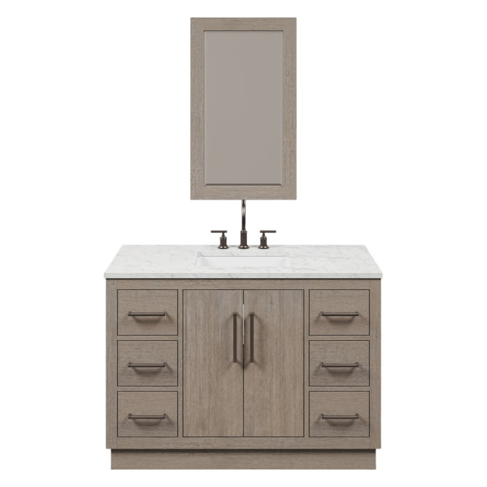 48 Inch Single Sink Lorette Vanity Grey Oak Mid-Century Modern Carrara Marble Top Pre-Drilled Faucet Holes and Faucets with Mirror Included