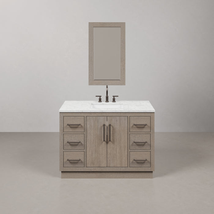 48 Inch Single Sink Lorette Vanity Grey Oak Mid-Century Modern Carrara Marble Top Pre-Drilled Faucet Holes and Faucets with Mirror Included