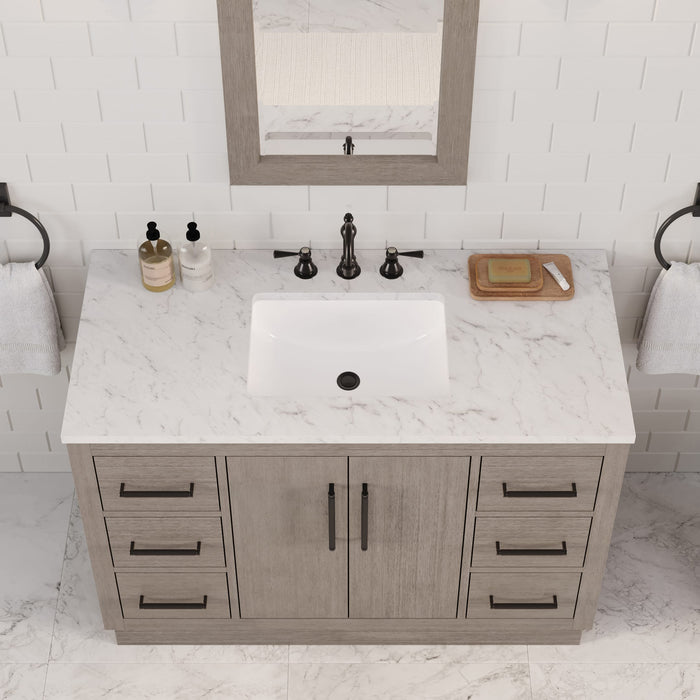 48-Inch Loxley Bathroom Vanity - Grey Oak with White Marble Countertop Single Sink & Faucets