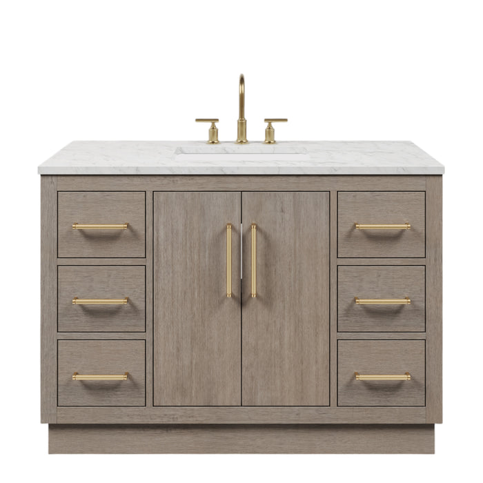 48 Inch Laurelwood Grey Oak Bathroom Vanity - Carrara White Marble Top with Soft-Close Drawers & Satin Gold Hardware