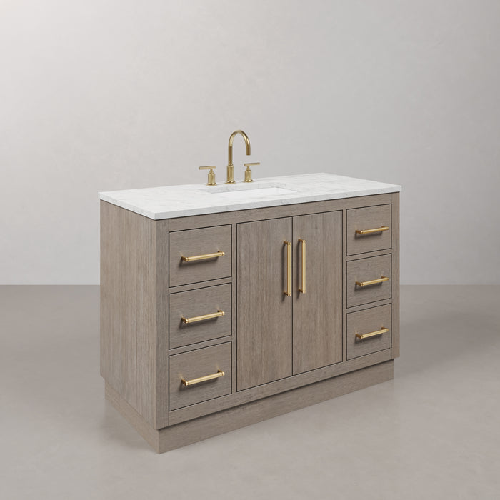 48 Inch Laurelwood Grey Oak Bathroom Vanity - Carrara White Marble Top with Soft-Close Drawers & Satin Gold Hardware