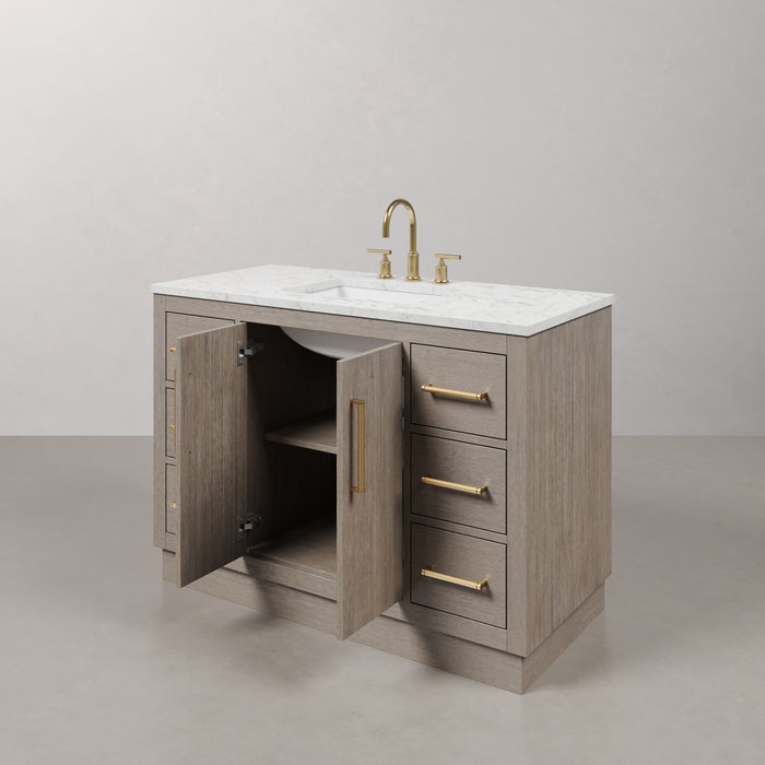 48 Inch Laurelwood Grey Oak Bathroom Vanity - Carrara White Marble Top with Soft-Close Drawers & Satin Gold Hardware