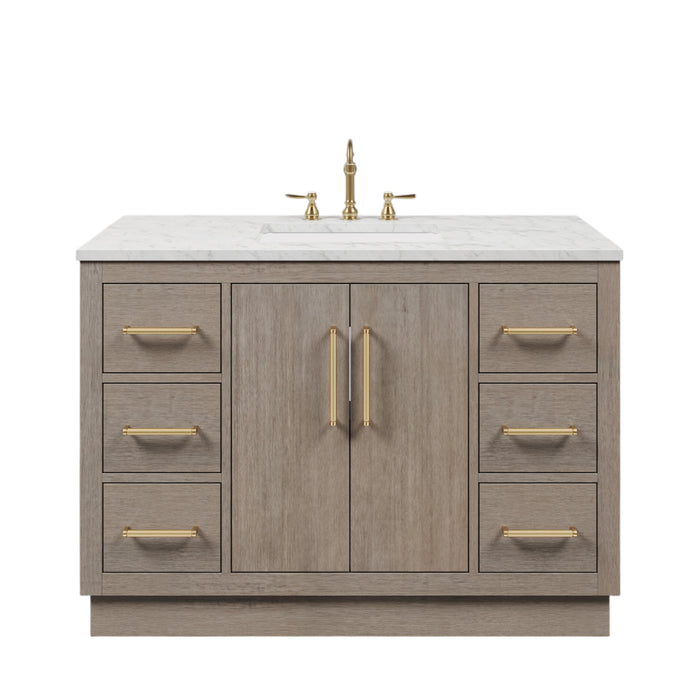 48" Landmark Grey Oak Single Sink Bath Vanity - Carrara White Marble Top with Satin Gold Hardware