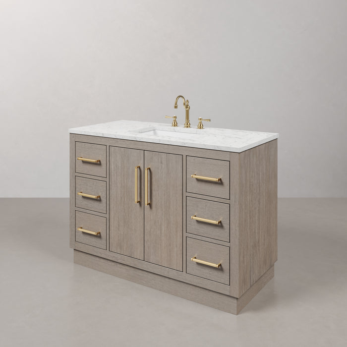 48" Landmark Grey Oak Single Sink Bath Vanity - Carrara White Marble Top with Satin Gold Hardware