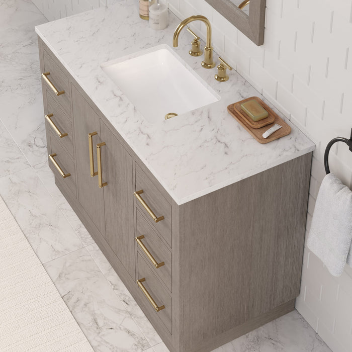 48 Inch Laurelwood Grey Oak Bathroom Vanity - Carrara White Marble Top with Soft-Close Drawers & Satin Gold Hardware