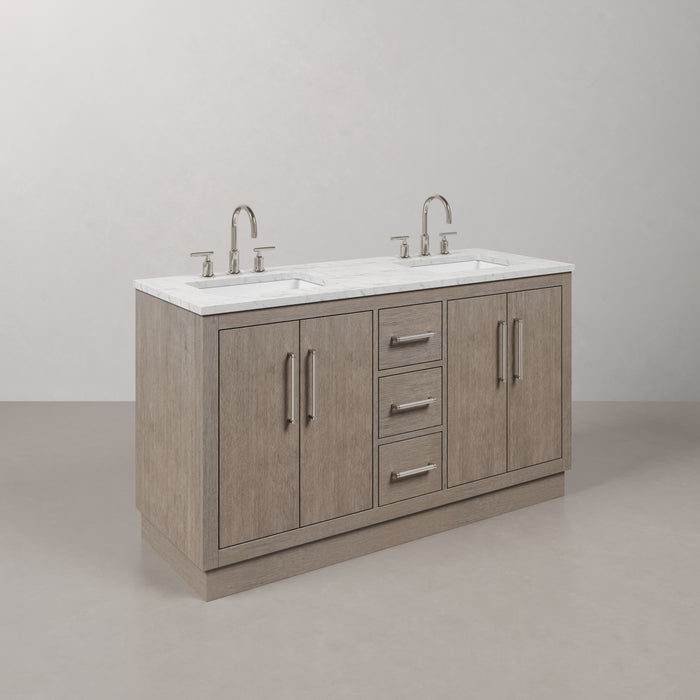 60 Inch Grey Oak Double Sink Vanity Meritage with Carrara Marble Countertop with Chrome Faucets & Rectangular Mirror