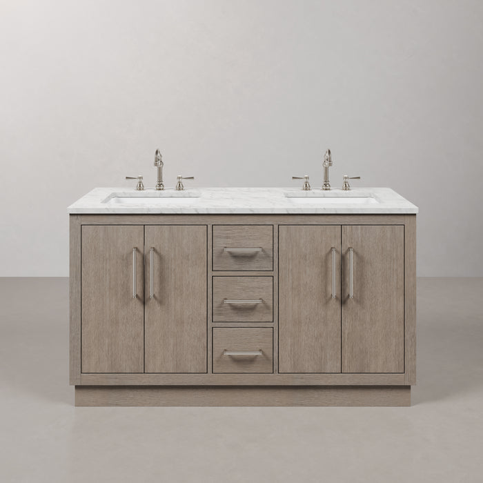 60 Inch Meridian Double Sink Vanity in Grey Oak with Carrara White Marble Top and Chrome Hardware