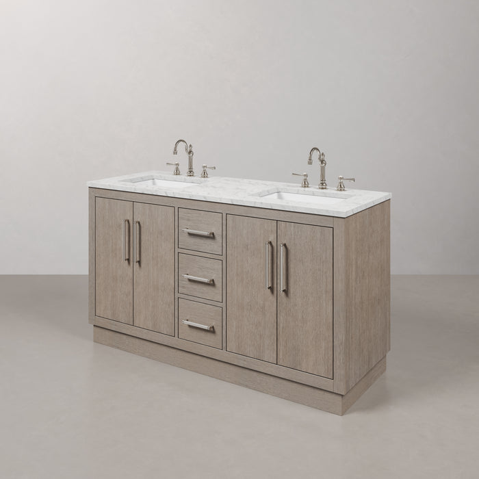 60 Inch Meridian Double Sink Vanity in Grey Oak with Carrara White Marble Top and Chrome Hardware