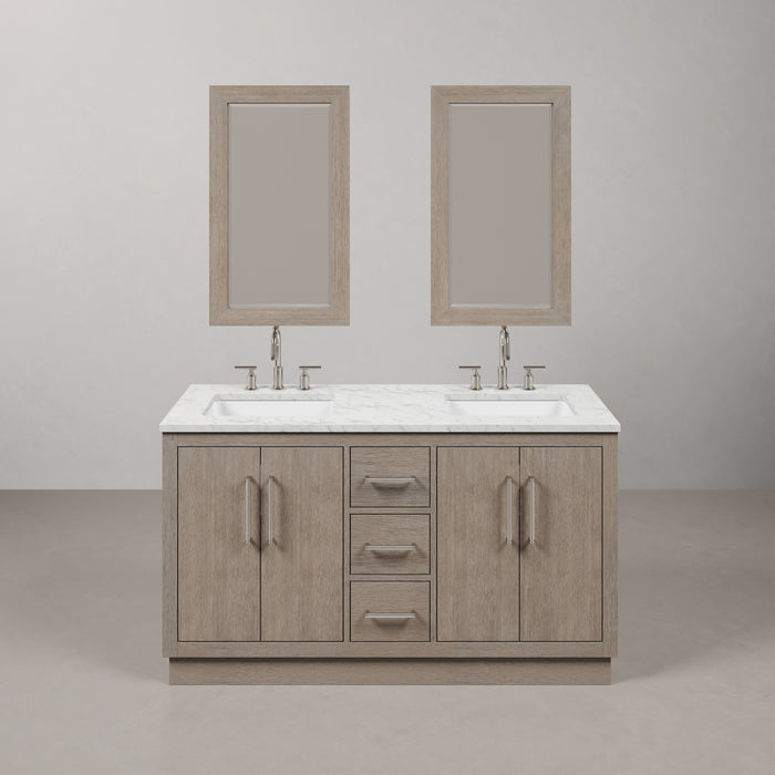 60 Inch Grey Oak Double Sink Vanity Meritage with Carrara Marble Countertop with Chrome Faucets & Rectangular Mirror