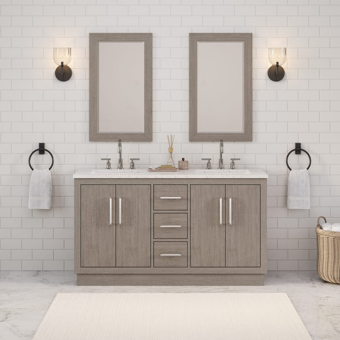 60 Inch Grey Oak Double Sink Vanity Meritage with Carrara Marble Countertop with Chrome Faucets & Rectangular Mirror