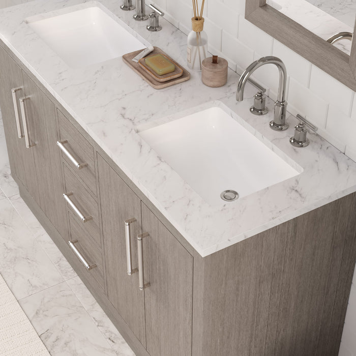 60 Inch Grey Oak Memento Double Sink Bathroom Vanity with Carrara White Marble Countertop and Chrome Hardware