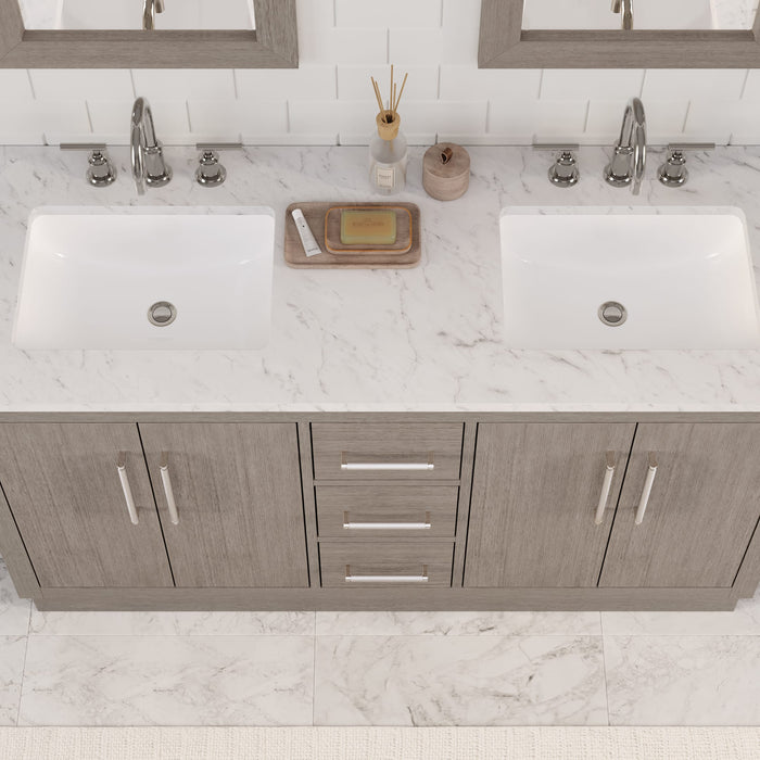 60 Inch Grey Oak Memento Double Sink Bathroom Vanity with Carrara White Marble Countertop and Chrome Hardware