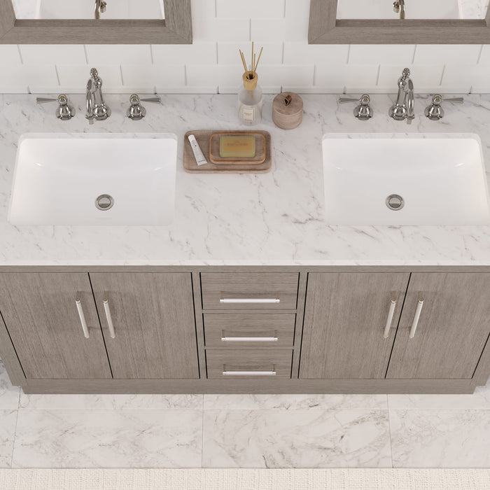 60 Inch Meridian Double Sink Vanity in Grey Oak with Carrara White Marble Top and Chrome Hardware