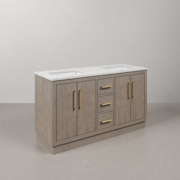 60" Grey Oak Millstone Double Sink Bathroom Vanity with Carrara White Marble Countertop & Gold Hardware