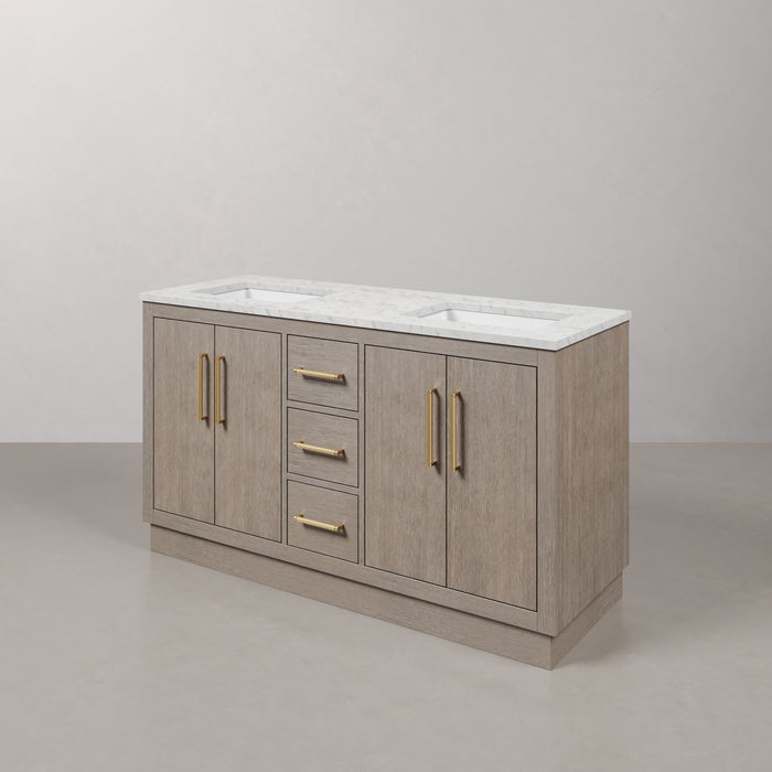 60" Grey Oak Monocle Double Sink Bathroom Vanity with Carrara White Marble Countertop & Satin Gold Hardware
